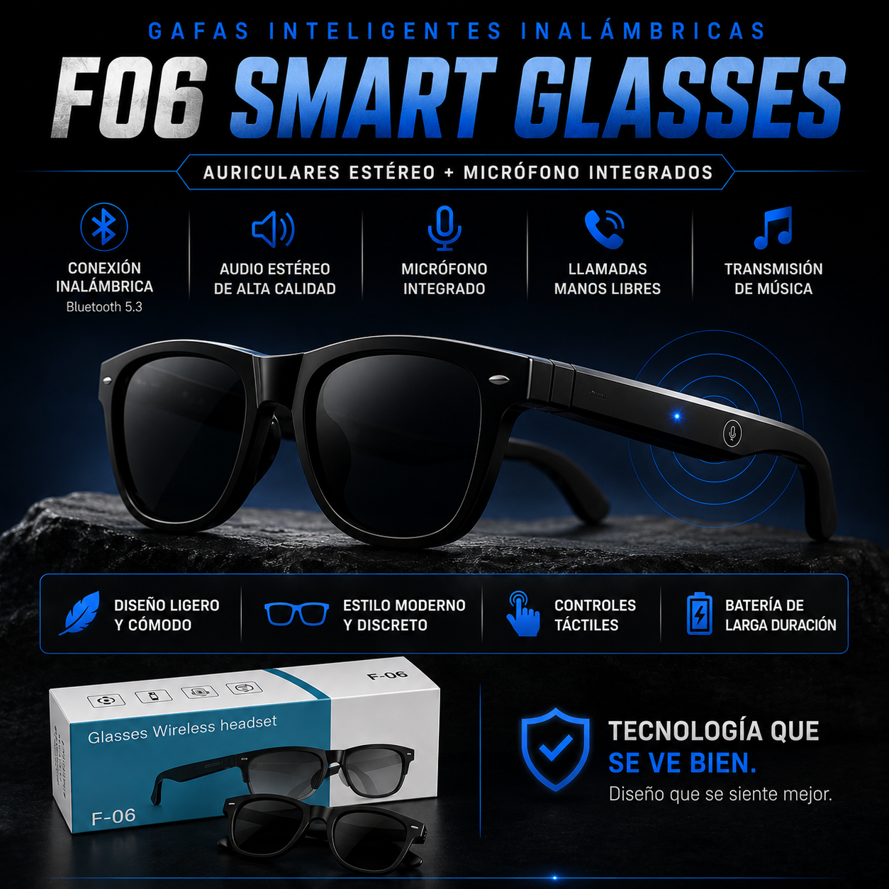 Gafas con audio integrado, llamadas manos libres y diseño moderno.